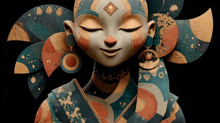 Colorful stylized sculpture of peaceful woman with floral crown