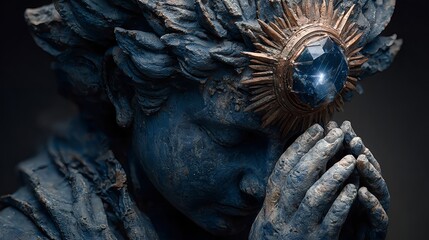 Mystical praying statue with blue skin and glowing forehead crystal