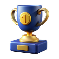 Blue and gold first place trophy with number one isolated on transparent background.