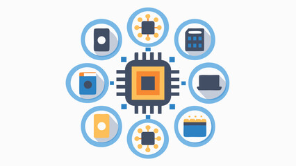 Fototapeta premium Centralized cpu with surrounding devices including calculator and laptop in a circular arrangement