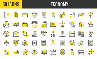 50 Economy  icons. such as Business Report, Money, Mission, Income, Safebox, Certificate, Credit Card, Calendar, Factory, Store, Growth, Globe Grid, Document, Outcome vector stroke illustration.
