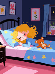  beautiful girl 7 years old sleeping in her modern bed with teddy bear, blue pajamas, blonde hair