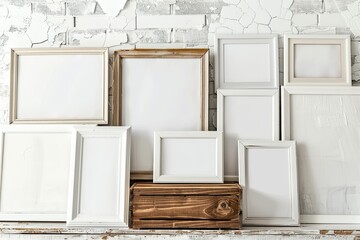 High Detail Image of a Collection of White Frames with a Wooden Box on the Wall