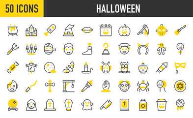 50 Halloween icons. such as Coffin, Tombstone, Serial Killer, Bible, Balloon, Circle, Cleaver, Clown, Cross, Devil, Eye Mask, Eyeball, Finger, Bat, Fireworks, Ghost vector stroke illustration.