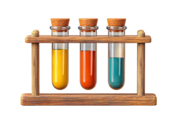 PNG Three test tubes with colorful liquids in wooden stand