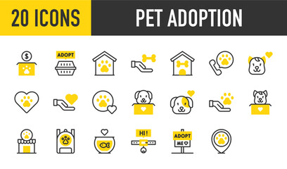 20 pet adoption icons. such as Pet House, Dog, Veterinary, Heart, Adopt, Telephone, Pawprint, Backpack, Cat Box, Pet Shelter, Fish Tank, Pet Collar, Box vector stroke illustration.