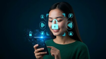 Face Recognition Security: An East Asian woman in her 20s unlocks her smartphone using facial recognition technology with advanced cybersecurity icons. - Powered by Adobe