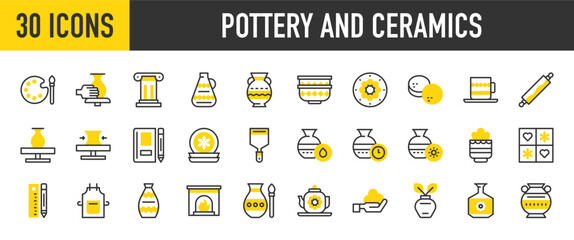 30 pottery and ceramics icons. such as Column, Color Palette, Sun, Fireplace, Plates, Vase, Apron, Notebook, Pencil And Ruler, Plant Pot, Pottery, Rolling Pin, Spatula vector stroke illustration.