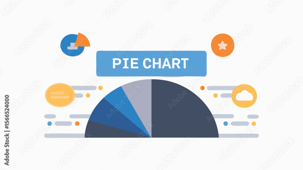 Poster illustration of a pie chart with various design elements and a blue pie chart label box on top
