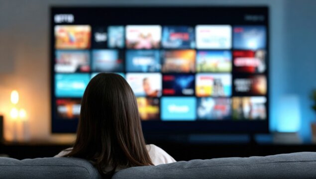 A person watches a large smart TV screen displaying various streaming options in a dimly lit room.