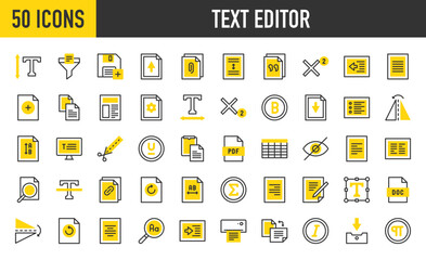 50 Text editor icons. such as Doc, Pdf, Print, Hidden, Line Spacing, Filter, Attachment, Paste, Write, Table, Font, Justify, Cut, Flip, Height, Horizontal, Import vector stroke illustration.