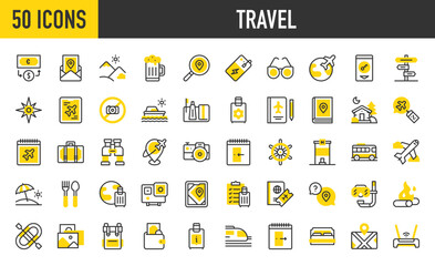 50 Travel icons. such as Check List, Beach, Signage, Wifi, Pictures, Mountains, Placeholder, Travel, Cutlery, Helm, Money Exchange, Maps, Cabin, Chat, Search, Tablet vector stroke illustration.