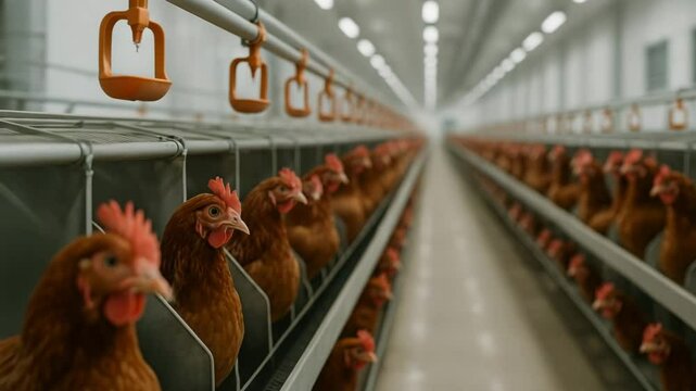 Modern poultry farm interior multi-tier chicken cages. Healthy brown hens efficient battery cage system under bright lighting. Organized industrial chicken house: feeders, drinkers, layer hens.