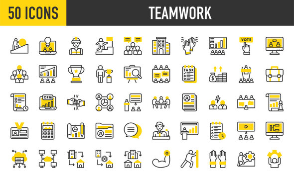 50 Teamwork icons. such as Effort, Push, Team, Planning, Analysis, Conflict, Chat, Meeting, Presentation, Task, Challenges, Schedule, Office, High Five, CRM, Hybrid vector stroke illustration.