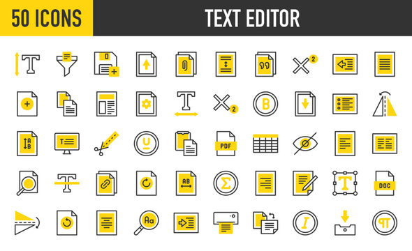 50 Text editor icons. such as Doc, Pdf, Print, Hidden, Line Spacing, Filter, Attachment, Paste, Write, Table, Font, Justify, Cut, Flip, Height, Horizontal, Import vector stroke illustration.