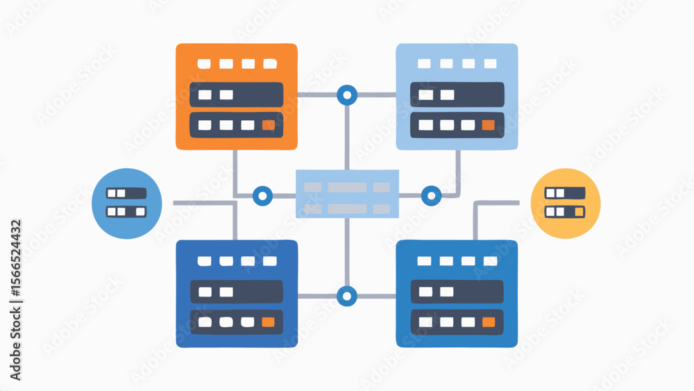 Aufkleber illustration of a network diagram with servers connected by lines and circular nodes shown