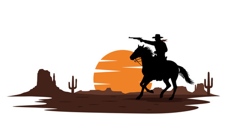 Cowboy silhouette in desert at sunset vector illustration for western themed posters and designs