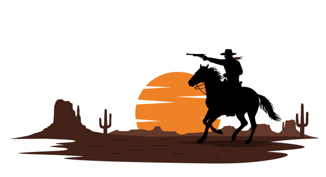 Cowboy silhouette in desert at sunset vector illustration for western themed posters and designs