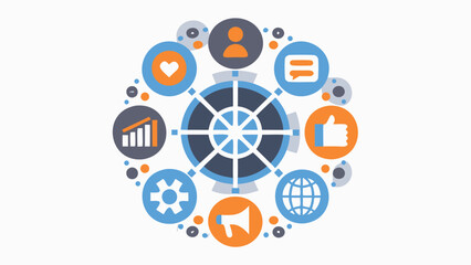 Circular diagram with business and social media icons in blue orange and gray colorscheme