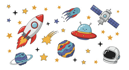 Space adventure vector illustration with cute rocket, planets, and astronaut elements for kids' design