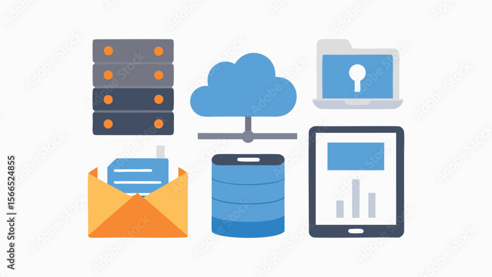 Poster illustration showing cloud computing with servers, storage, and various devices connected to network
