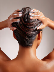 Naklejka premium Woman Washing Hair With Lather, Rear View
