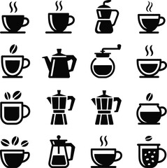 Collection of black and white coffee icons featuring cups and brewing equipment