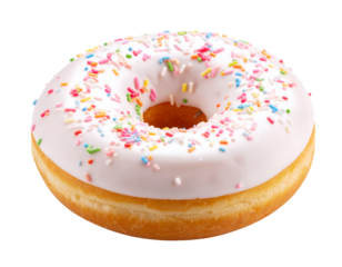 A delightful glazed donut adorned with colorful sprinkles promises a sweet and sugary treat.