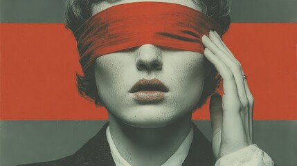Minimalist portrait of a woman with red blindfold 