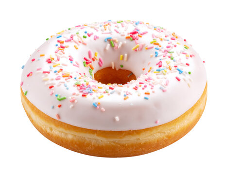 A delightful glazed donut adorned with colorful sprinkles promises a sweet and sugary treat.
