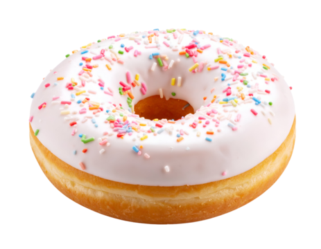 A delightful glazed donut adorned with colorful sprinkles promises a sweet and sugary treat.
