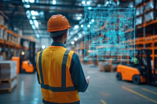 A worker wearing a safety vest and helmet in a warehouse interacts with a digital hologram representing a 3D model or data structure.
