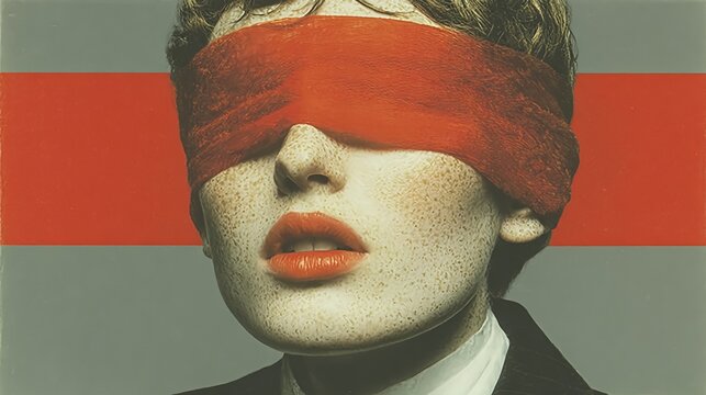 Minimalist portrait of a woman with red blindfold and lipstick