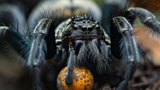 A spider is eating a small orange object. The spider is black and has many eyes. The spider is in the middle of the image
