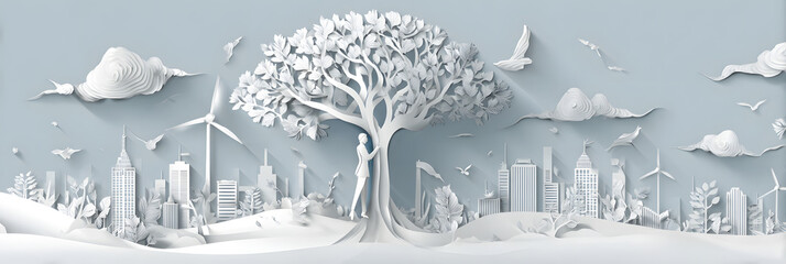 The person who knows. Tree, Achieve sustainable growth, World Environment Day. White eco urban city and nature landscape background paper art style.