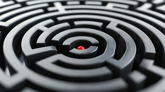 A red ball is placed at the center of a multi layered maze, illustrating a challenge in problem solving and strategy