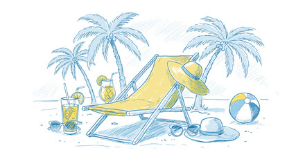 Obraz premium Summer beach relaxation with tropical cocktails and palm trees vector illustration for print and card design