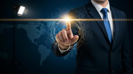 Business Technology:  Sophisticated businessman in suit points to futuristic digital interface illuminating a global network concept. - Powered by Adobe