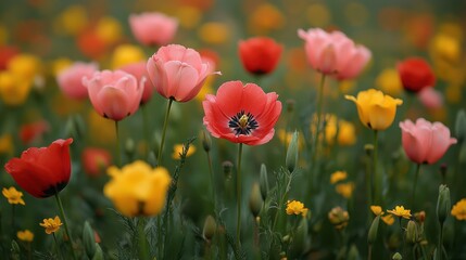 Obraz premium A vibrant field of colorful tulips and buttercups creating a dreamy, idyllic floral scenery.