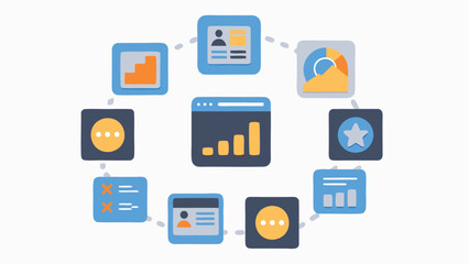 Illustration of connected user interface icons representing data and analytics workflow process