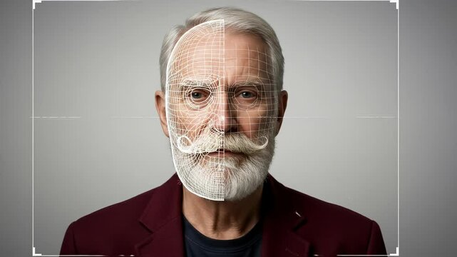 Face recognition scan showing a portrait of a mature, silver-haired Caucasian man with beard and mustache in a grid overlay.