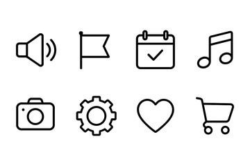 Essential icon set featuring sound, flag, calendar, music, camera, gear, heart, and shopping cart, vector illustration