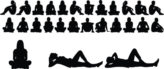 Silhouettes of people sitting cross-legged, reclining poses, meditation posture, yoga sitting, relaxed body language, mindfulness, calm position, peaceful rest, human figure set