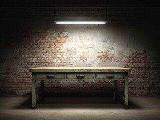 Vintage workbench illuminated by a single fluorescent light against a distressed brick wall