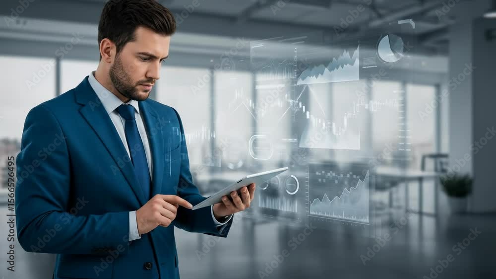 Poster data analysis: focused caucasian man in his 30s analyzes financial data on a tablet in a modern offi