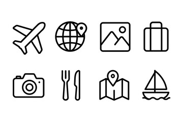 Travel icons collection featuring airplane, globe, and camera for adventure planning, vector illustration