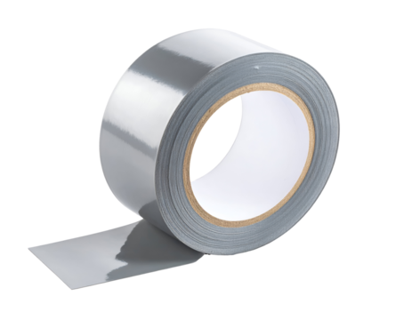 A sturdy roll of shiny silver duct tape with a piece unspooled, ready for versatile applications.