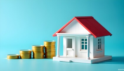 A small white house with a red roof next to stacks of gold coins on a blue background