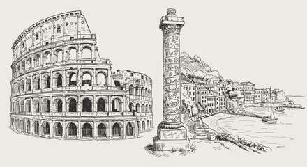 Fototapeta premium Ancient roman architecture vector illustration: colosseum and coastal cityscape in detailed line art