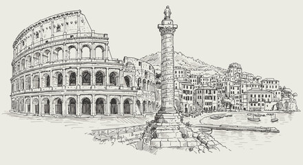 Hand drawn vector illustration of rome landmarks including colosseum and historic architecture for travel design